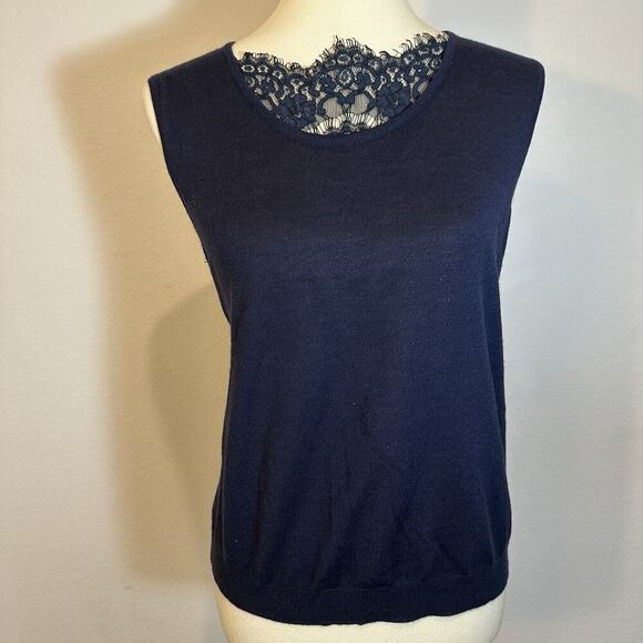 Les Copains Navy Blue Wool Cashmere Knit Cardigan Set Lace Sweater Old Money Top - Picture 4 of 11